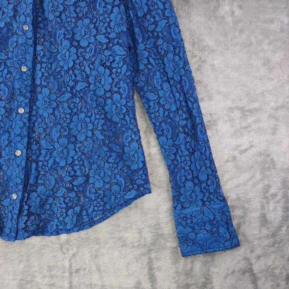 J.Crew Women's 4 Blue Lacy Floral Artsy Abstract Button-Down Long-sleeved Shirt - Picture 8 of 9